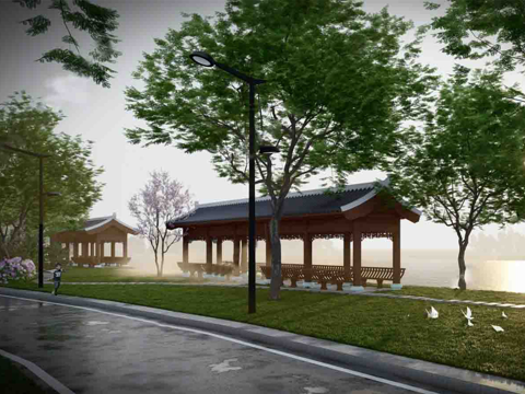 新中式亭廊 木材 长条形su模型