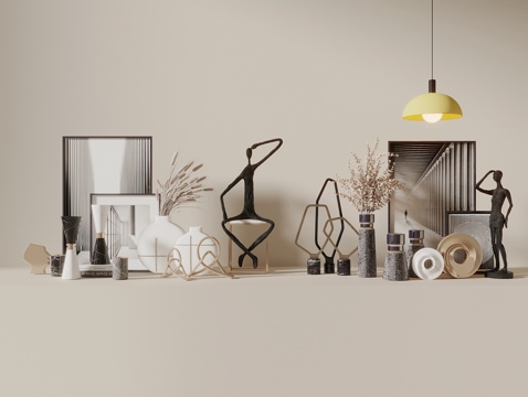  现代饰品摆件 饰品摆件组合 花瓶花艺 挂画 吊灯3d模型 