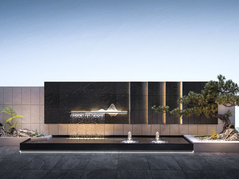 现代叠水景墙 直线 庭院景墙su模型