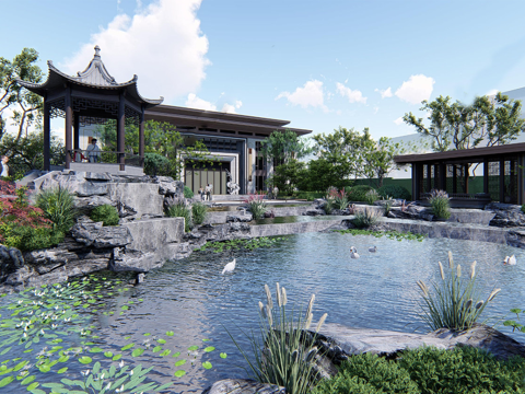  新中式园艺小品 假山亭台su模型 