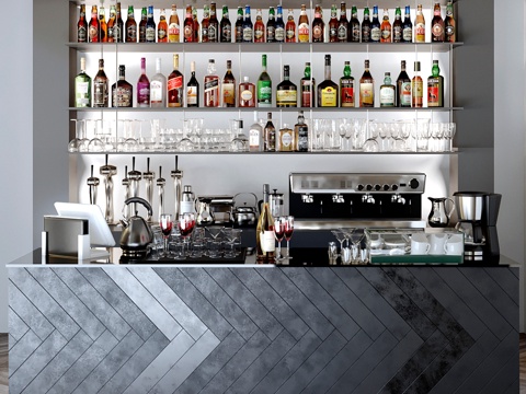  陈列酒品的吧台。酒类，3d模型 