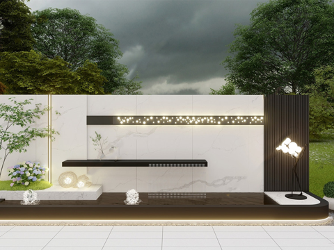 现代风格水景墙 庭院景墙su模型