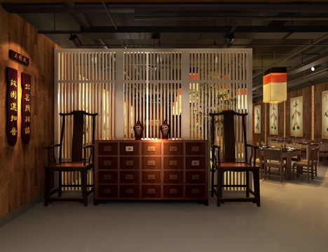  中式个性火锅店 餐桌椅组合 吊灯3d模型 