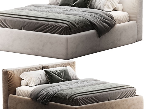  现代侘寂 Foster 布艺双人床3d模型 