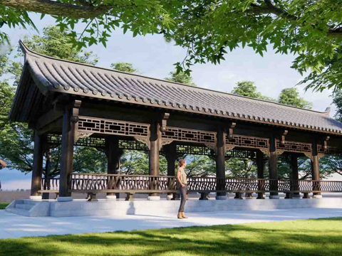 中式廊架 亭 木材 长条形su模型