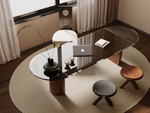 中古风书桌椅 办公桌椅su模型