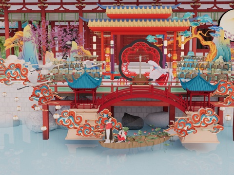 长廊 中式 博物馆 展厅 大唐 壁画 艺术 古风 工装 模型su模型