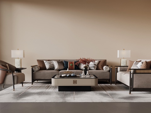 新中式沙发茶几组合su模型