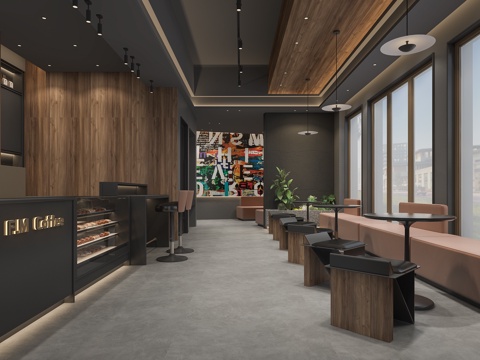  咖啡店操作台桌椅3d模型 