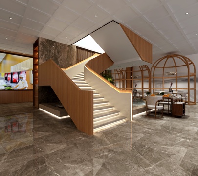  新中式火锅店  松树  现代楼梯  景观  水景  云吊灯3d模型 