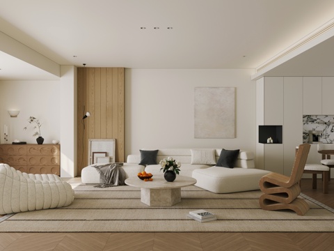  奶油风客餐厅 横厅 客厅餐厅一体 侘寂奶油风客餐厅3d模型 