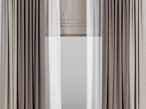  双色窗帘配薄纱与罗马帘3d模型 