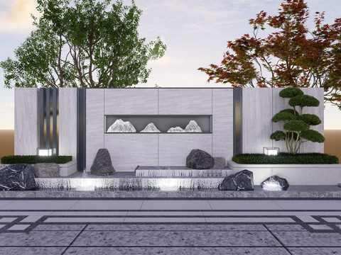 新中式庭院景墙 叠水 庭院景墙su模型