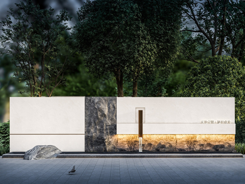 现代入口跌水景墙 直线 入口景墙su模型