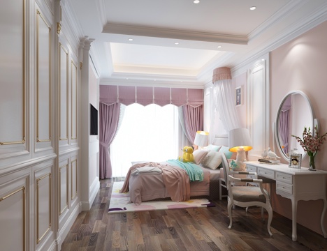  欧式简约女孩儿童房 梳妆台 双人床 衣橱3d模型 