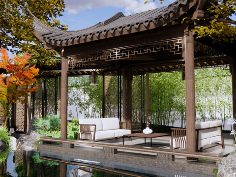 中式仿古长廊 廊架 连廊 回廊su模型