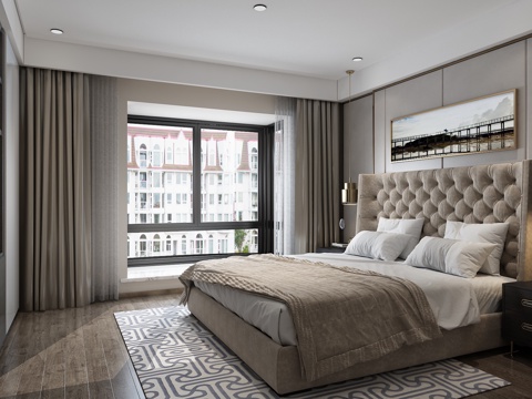  后现代卧室 金属筒形床头吊灯 双人床 挂画3d模型 