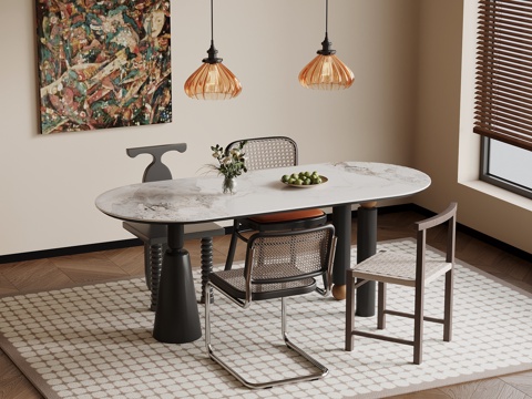 法式复古风餐桌椅 吊灯su模型