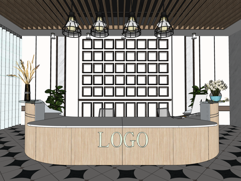  0036现代简约办公室前台接待台su模型 