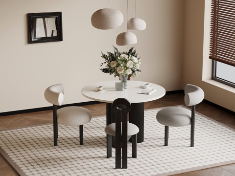 法式复古风餐桌椅 圆形餐桌 吊灯su模型