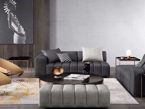  现代大平层客厅  沙发组合 休闲椅  挂画3d模型 