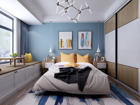 北欧主卧室 挂画 双人床 飘窗 床头柜 吊灯3d模型