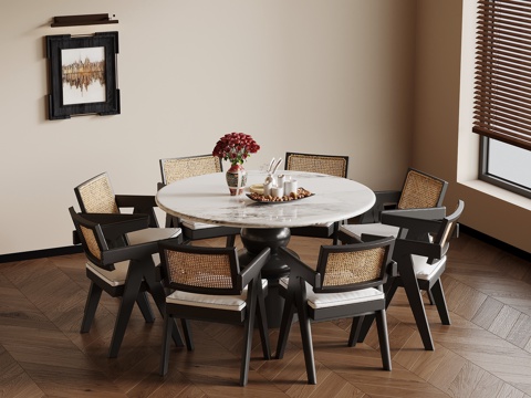 法式复古风餐桌椅 圆形餐桌椅su模型