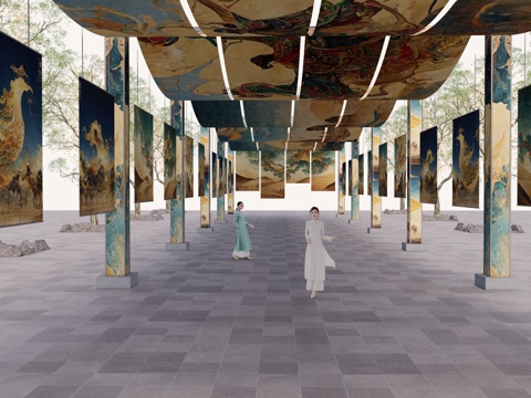 长廊 中式 博物馆 展厅 大唐 壁画 艺术 古风 工装 模型su模型