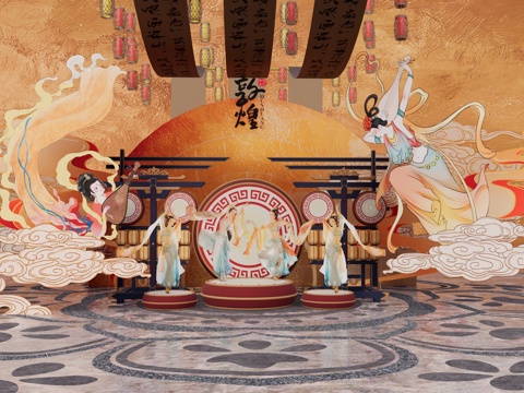 长廊 中式 博物馆 展厅 大唐 壁画 艺术 古风 工装 模型su模型