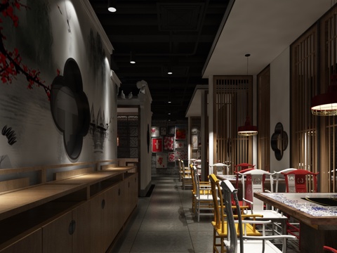  新中式火锅店 脸谱窗帘 中式桌椅 吧台 过道 特色包间 门头3d模型 