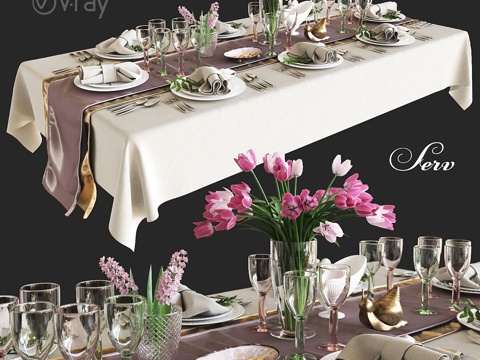  鲜花餐桌布置3d模型 