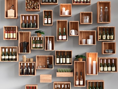  收藏级葡萄酒与蜡烛陈列架。酒类3d模型 