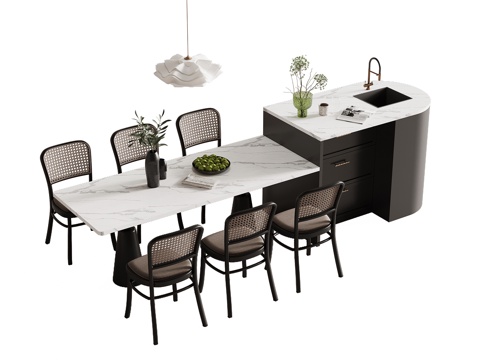 法式复古风岛台 餐桌椅su模型