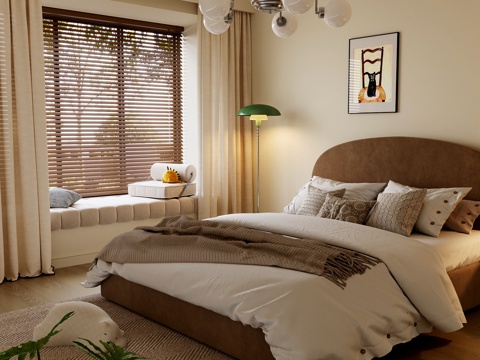  现代奶油风双人床su模型 