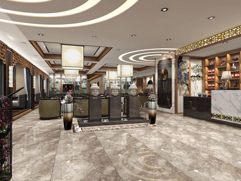  新中式茶楼大厅3d模型 