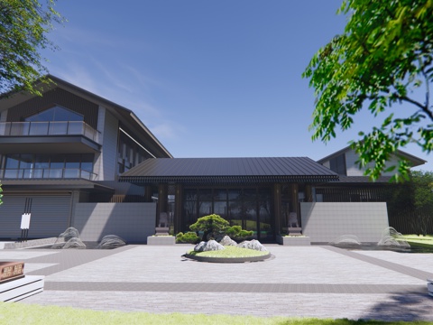 新中式民宿酒店 茶室餐厅 斜顶su模型