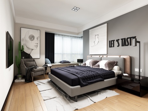  北欧卧室 双人床 挂画 单人沙发3d模型 