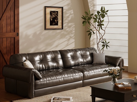 法式复古风多人沙发 直排沙发su模型