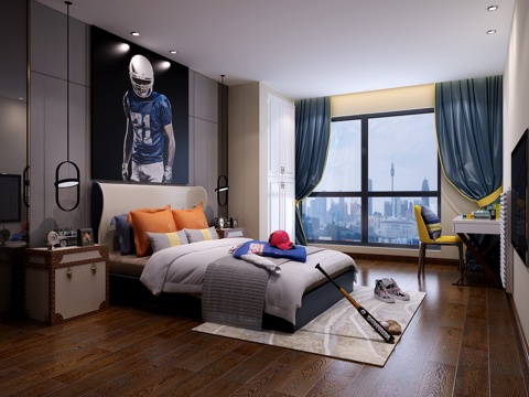  现代男孩儿童房 双人床 吊灯 挂画 书桌椅 背景墙 玩具3d模型 