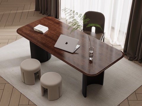 中古风书桌椅 办公桌椅su模型