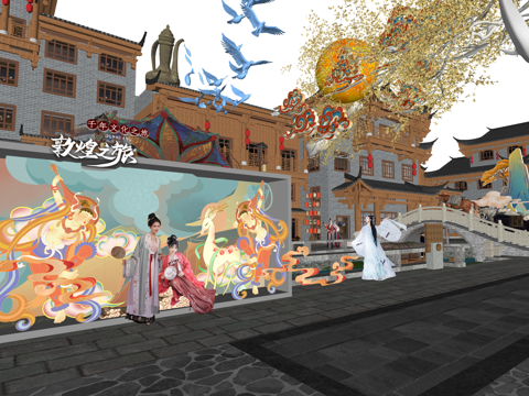 长廊 中式 博物馆 展厅 大唐 壁画 艺术 古风 工装 模型su模型