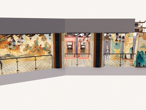 长廊 中式 博物馆 展厅 大唐 壁画 艺术 古风 工装 模型su模型