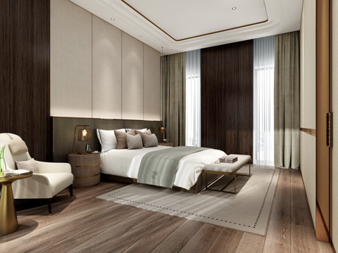  新中式卧室 双人床 单人沙发3d模型 