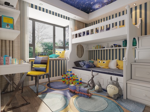  现代男孩儿童房 楼梯上下床 书桌椅 书架 摆件 玩具3d模型 