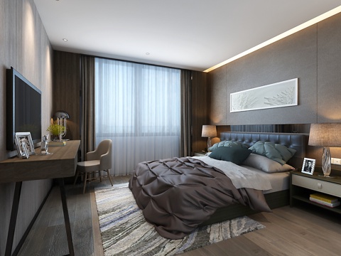  后现代卧室 双人床 书桌椅 台灯 挂画 床头柜3d模型 