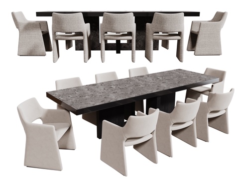 现代桌椅组合 餐桌组合 大理石餐桌 长桌 休闲桌椅su模型