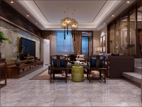  新中式沙发电视墙3d模型 