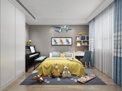  现代男孩儿童房 吊灯 书架 钢琴 双人床 玩具 书桌椅3d模型 