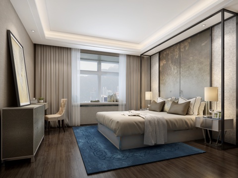  新中式卧室 台灯 双人床 装饰柜 摆件 挂画3d模型 