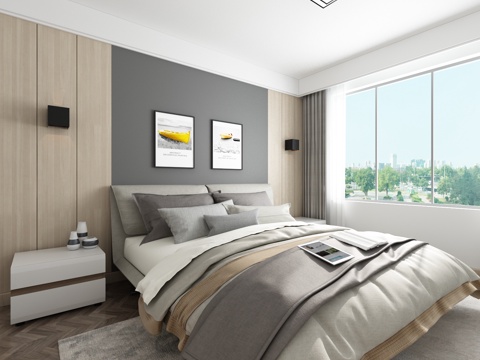  北欧极简主卧卧室 双人床 挂画3d模型 